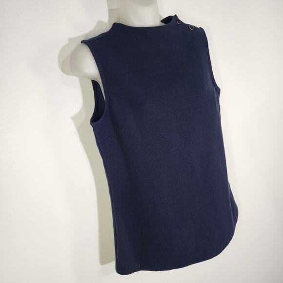 Talbots Womens High Neck Button Shoulder Top Small Navy Blue Ribbed Sleeveless - Picture 4 of 8